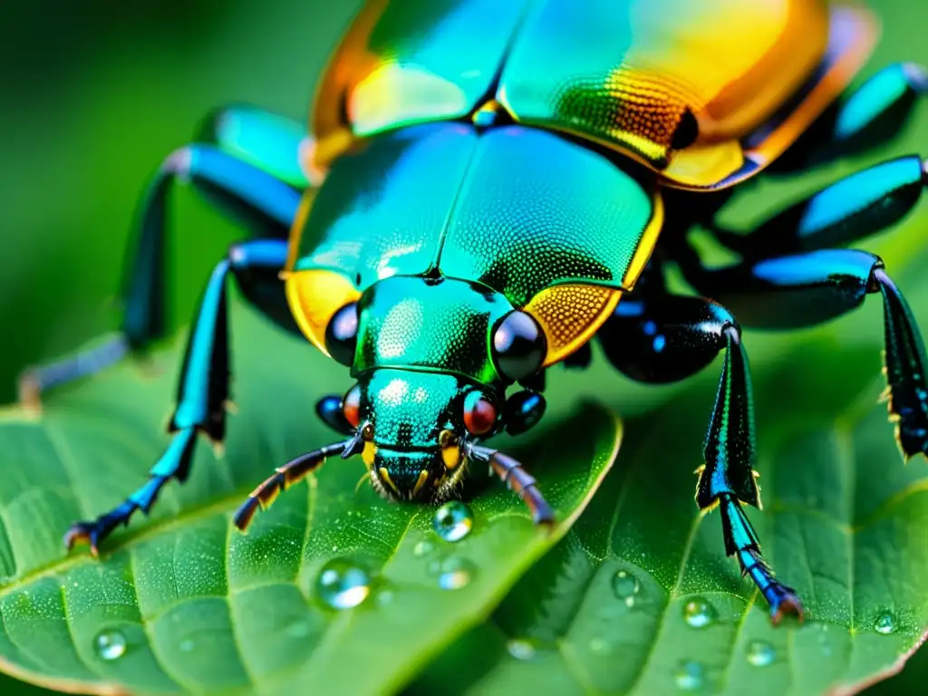 Detalle extremo de un escarabajo iridiscente posado en una hoja, con colores y patrones joya