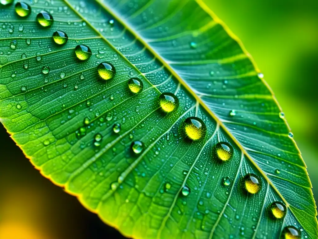 Detalle extremo de hoja verde con gotas de agua, huevos de insectos y la importancia de los insectos como bioindicadores