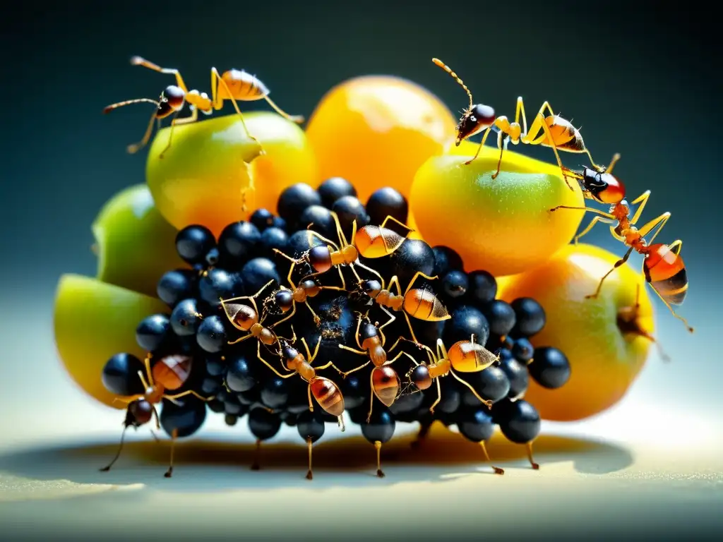 Detalle extremo de hormigas en fruta podrida