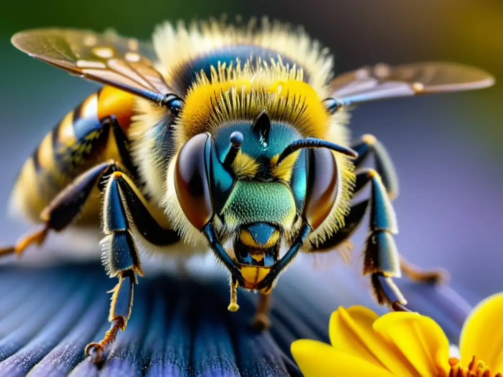 Detalle fascinante de una abeja cubierta de polen, con colores vibrantes y alas translúcidas
