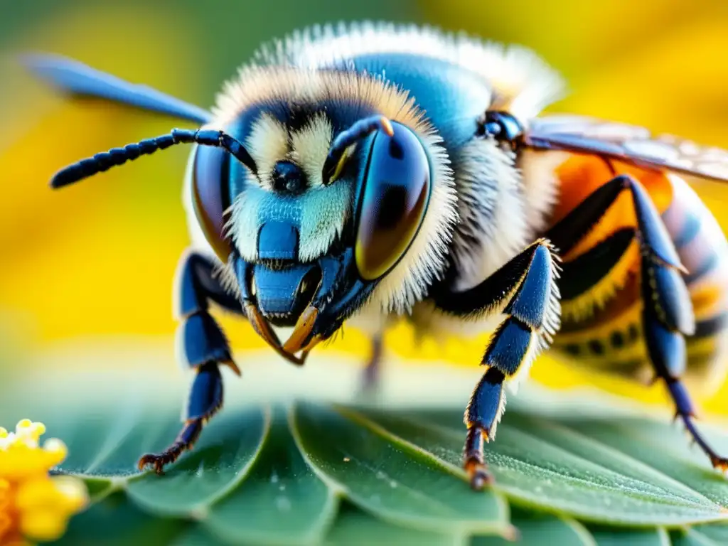 Detalle fascinante de una abeja cubierta de polen, con sus alas brillando bajo la luz solar