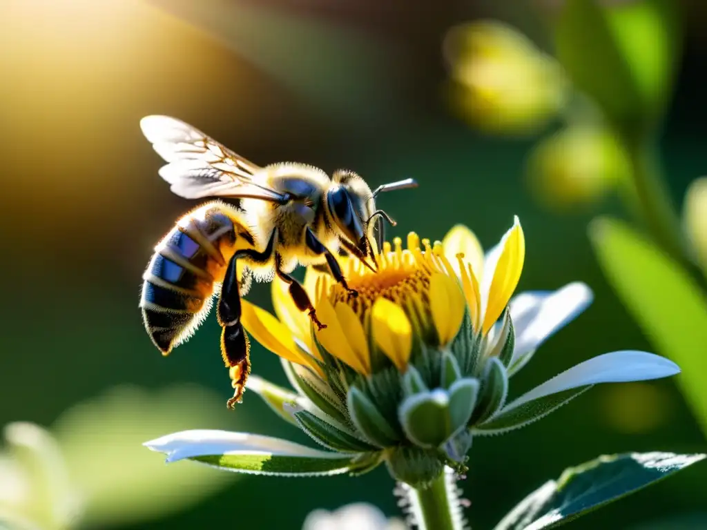 Detalle fascinante de una abeja interpretando el lenguaje de las flores en un jardín, con movimiento y color