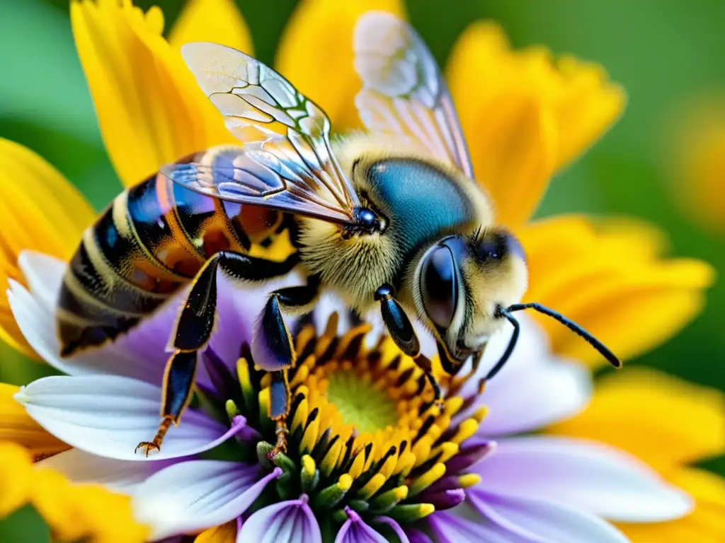 Detalle fascinante: abeja interpretando lenguaje en jardín floral