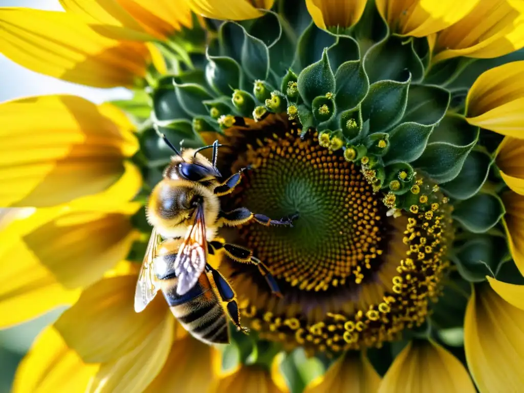 Detalle fascinante de una abeja produciendo miel en el cálido centro de un girasol dorado