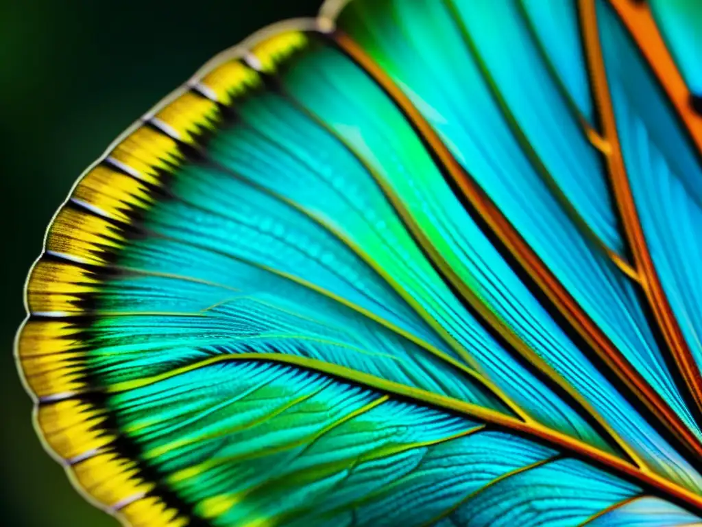 Detalle fascinante de la ala de una mariposa, con patrones coloridos e intrincados