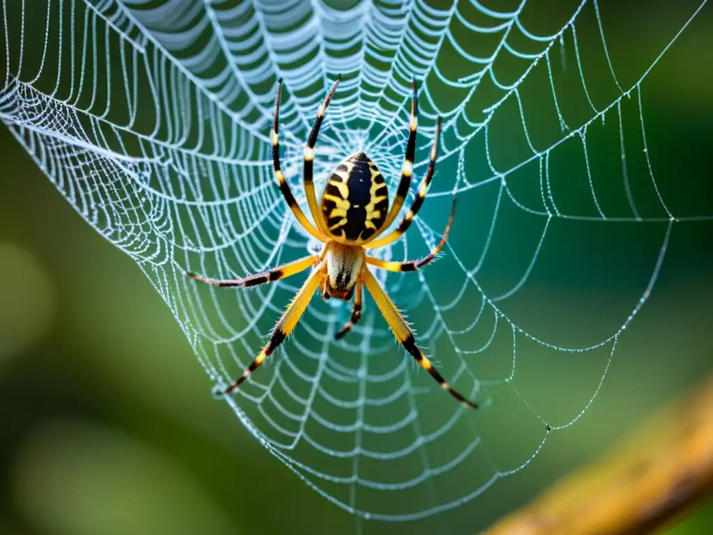 Detalle fascinante: una araña tejiendo una intrincada telaraña, resaltando la importancia de las arañas en ecosistemas