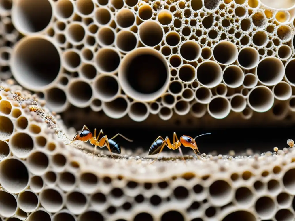 Detalle fascinante de la arquitectura de hormigueros en ecosistemas, con intrincados túneles y actividad bulliciosa de las hormigas