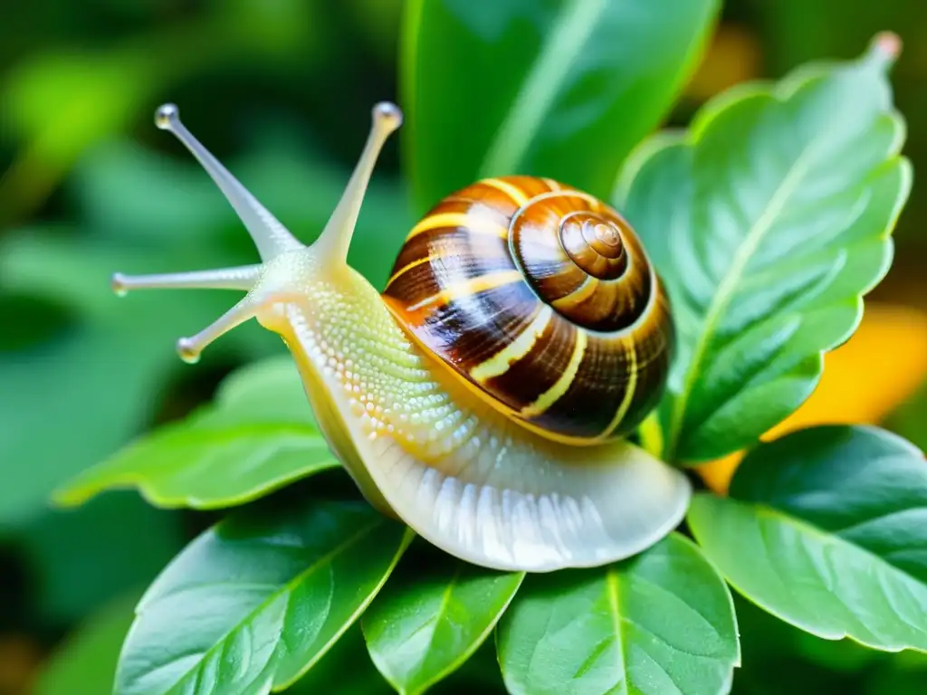 Detalle fascinante de un caracol gigante africano explorando exuberante vegetación