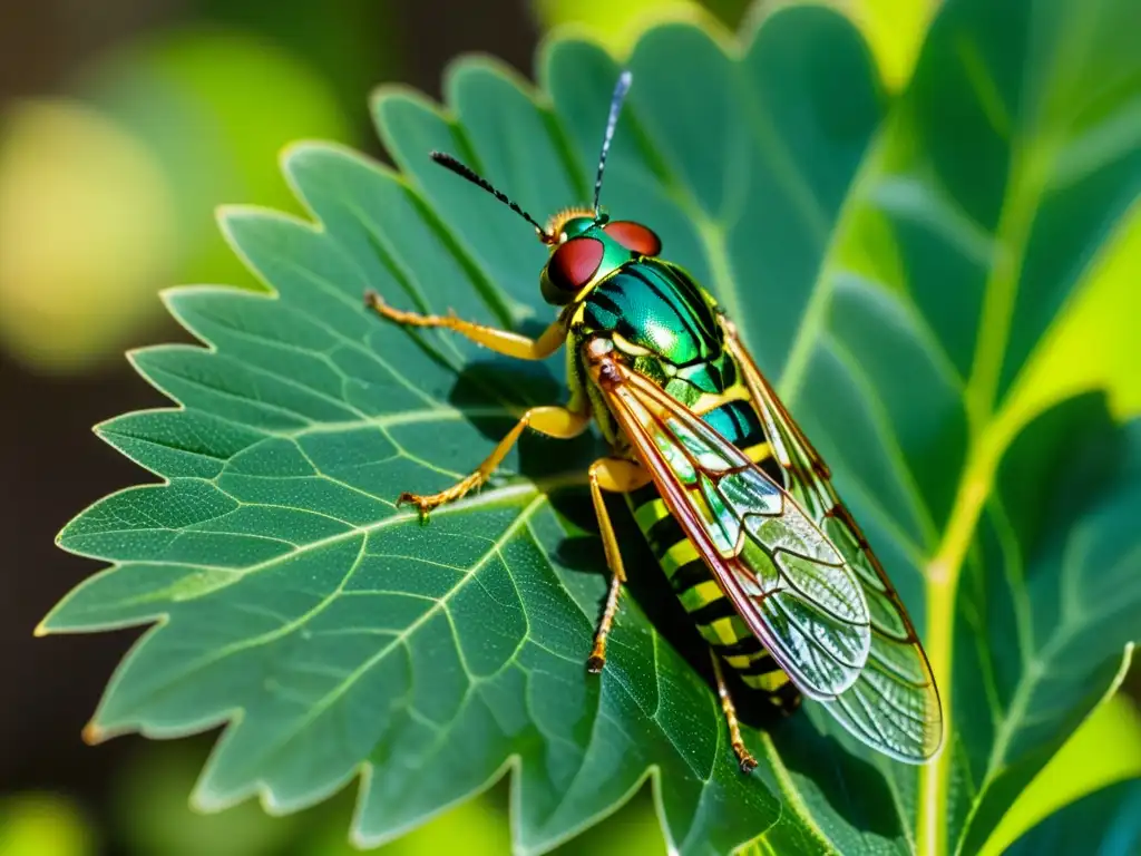 Detalle fascinante de una cigarra en una hoja verde, con sus alas desplegadas bajo la luz solar