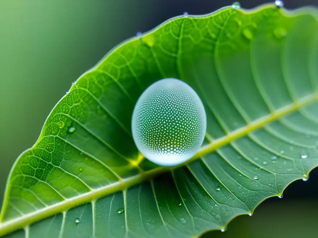 Huevo de insecto: Belleza frágil en detalle Detalle fascinante de un diminuto huevo de insecto en una hoja, resaltando la importancia de protección de huevos insectos