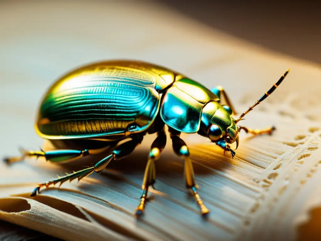 Detalle fascinante de un escarabajo dorado sobre un pergamino egipcio, simbolizando la importancia de los insectos en las antiguas civilizaciones