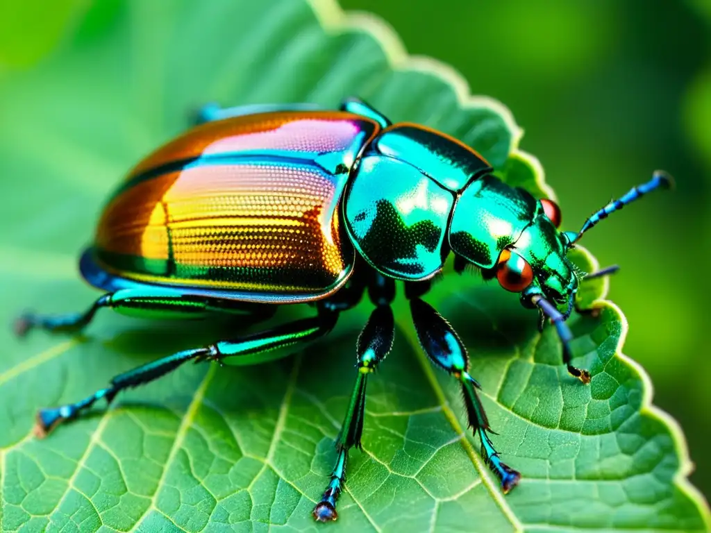 Detalle fascinante de un escarabajo iridiscente sobre una hoja verde vibrante