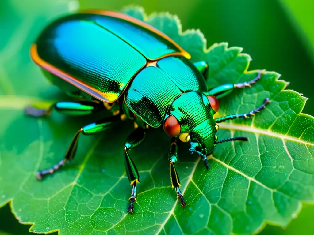 Detalle fascinante de un escarabajo joya metálico sobre una hoja iridiscente