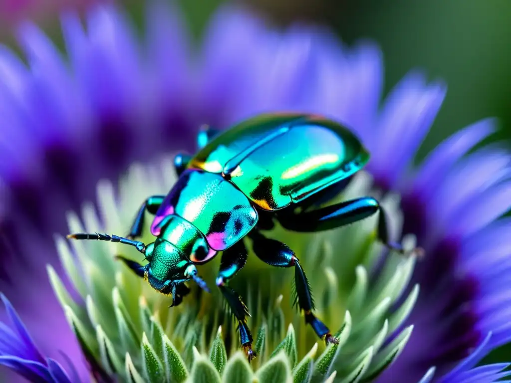 Escarabajo verde metálico en flor púrpura Detalle fascinante: escarabajo metálico verde sobre flor morada