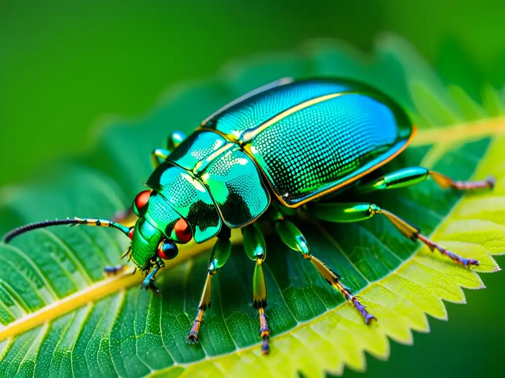 Detalle fascinante de un escarabajo metálico verde sobre una hoja vibrante y detalladamente decorada