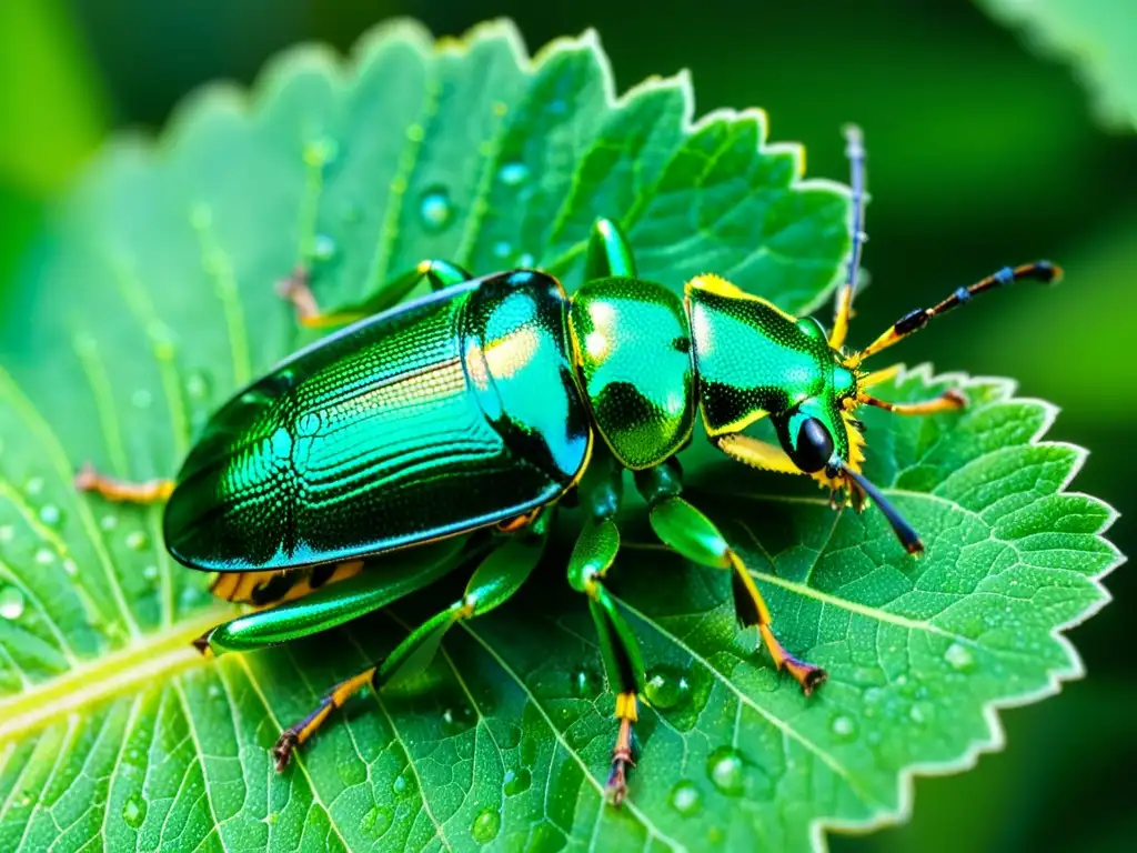 Detalle fascinante de un escarabajo metálico verde sobre una hoja, mostrando sus patrones y texturas