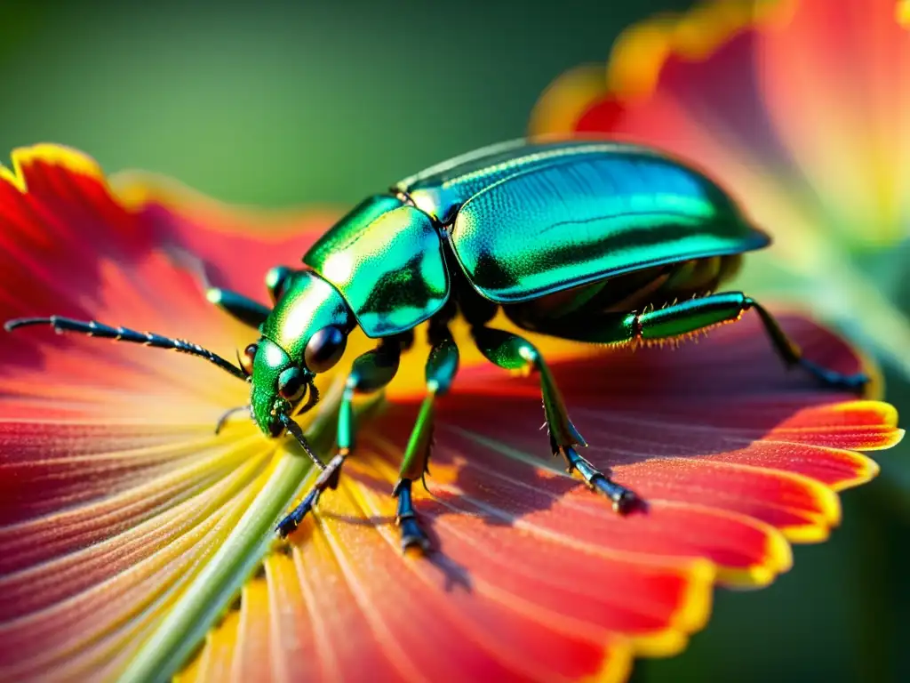 Detalle fascinante de un escarabajo metálico verde sobre una flor roja vibrante, con sus alas iridiscentes brillando al sol