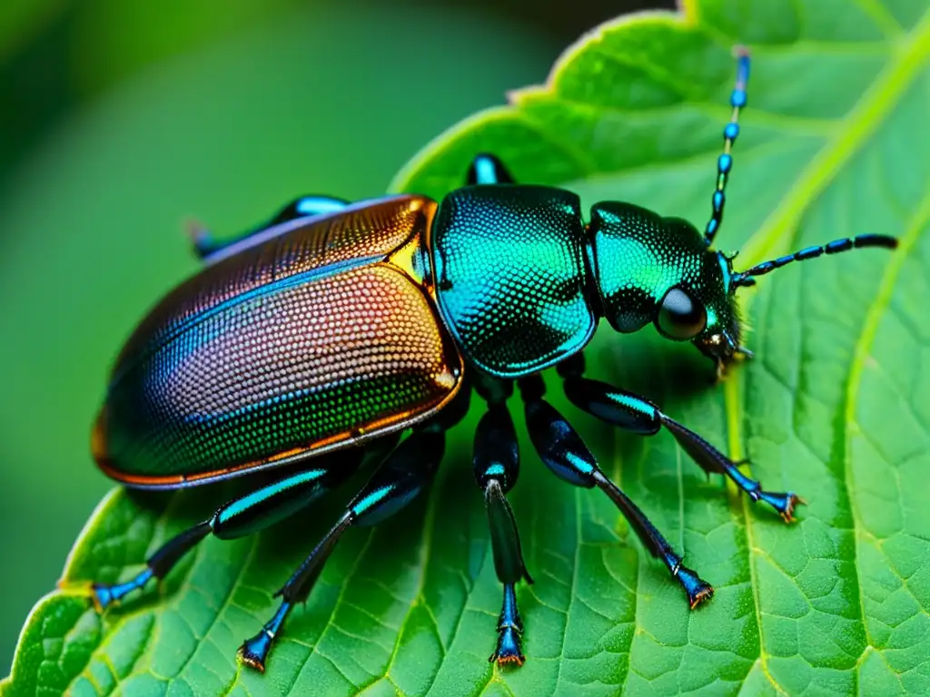 Detalle fascinante de un escarabajo oscuro sobre una hoja verde, resaltando las propiedades nutricionales únicas de insectos