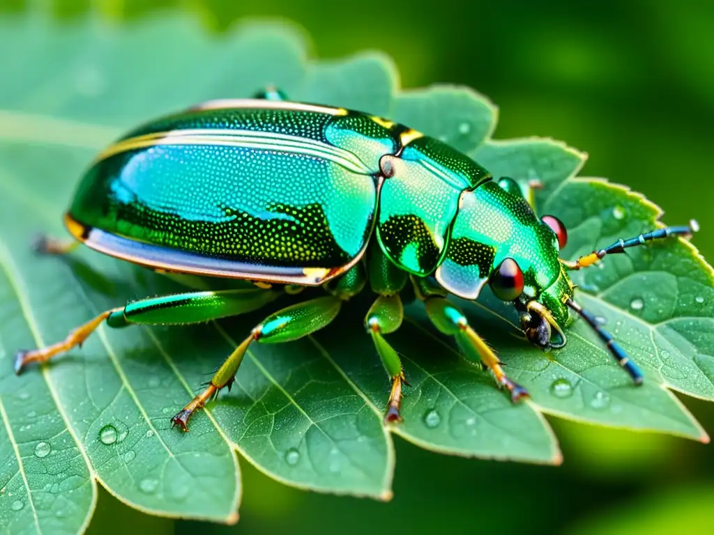 Detalle fascinante de un escarabajo verde iridiscente en hoja húmeda, resaltando estrategias conservación insectos peligro