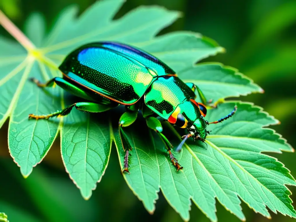 Detalle fascinante de un escarabajo verde sobre una hoja