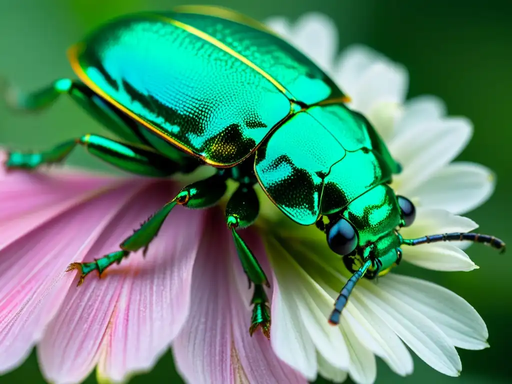 Detalle fascinante de un escarabajo verde metálico sobre una flor