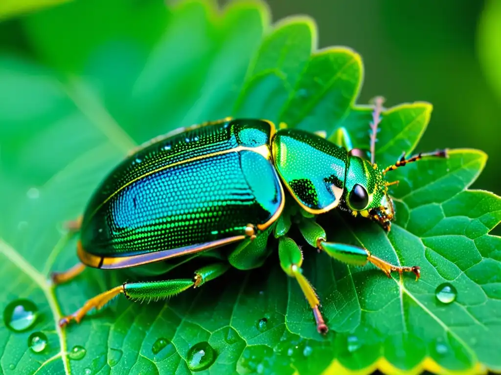 Detalle fascinante: escarabajo verde con gotas de rocío en su exoesqueleto