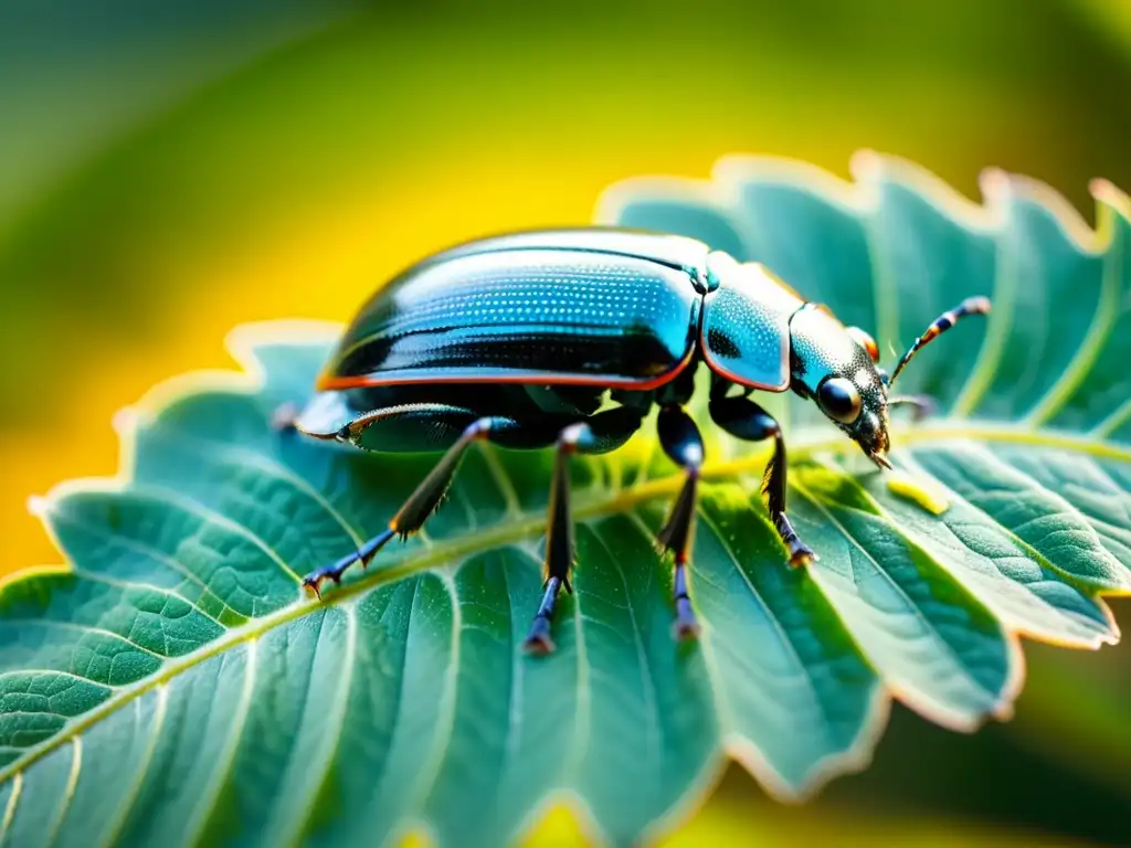 Detalle fascinante del exoesqueleto de un escarabajo en una hoja verde, mostrando la belleza natural y los aportes de la entomología a la medicina