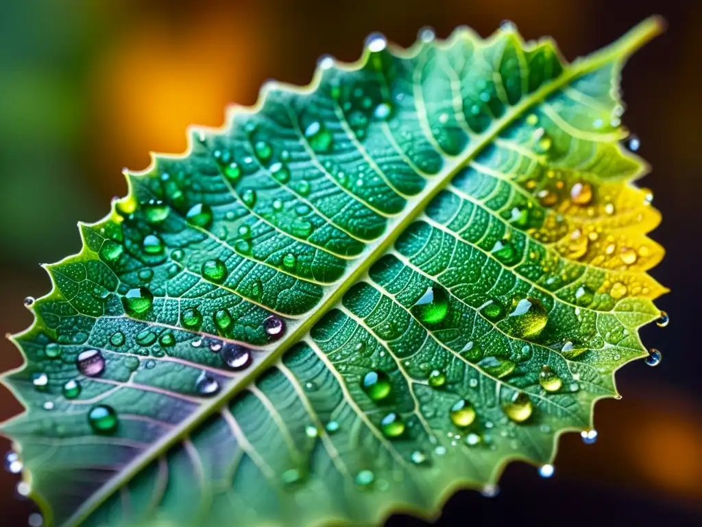 Detalle fascinante de una hoja cubierta de gotas de aceites esenciales, con colores vibrantes y patrones intrincados