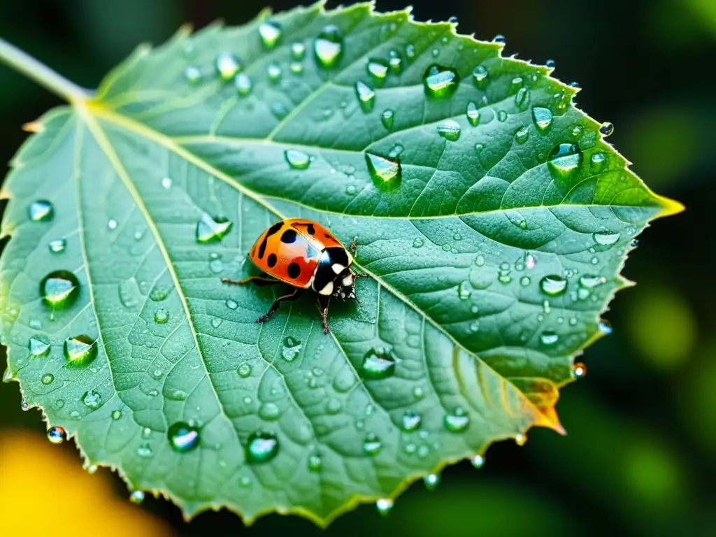 Detalle fascinante de hoja con insectos, gotas de agua y luz solar, resaltando la importancia de los insectos en ecosistemas