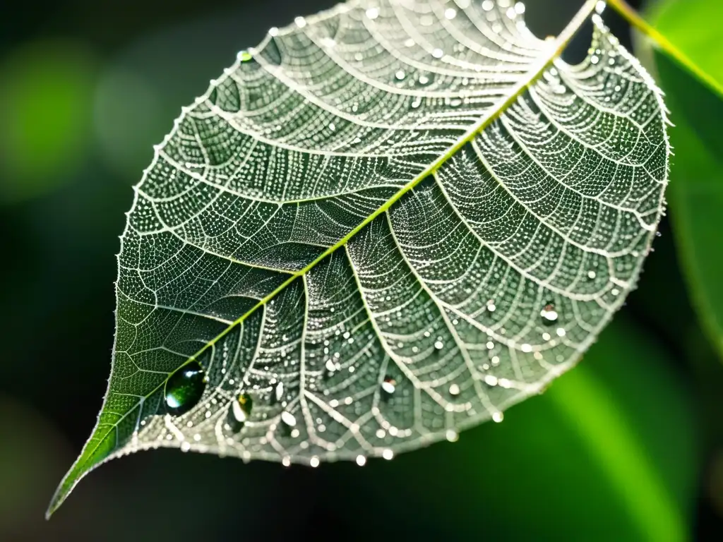 Detalle fascinante de hoja verde cubierta por telarañas con gotas de agua, resalta el impacto del cambio climático en la gestión de plagas