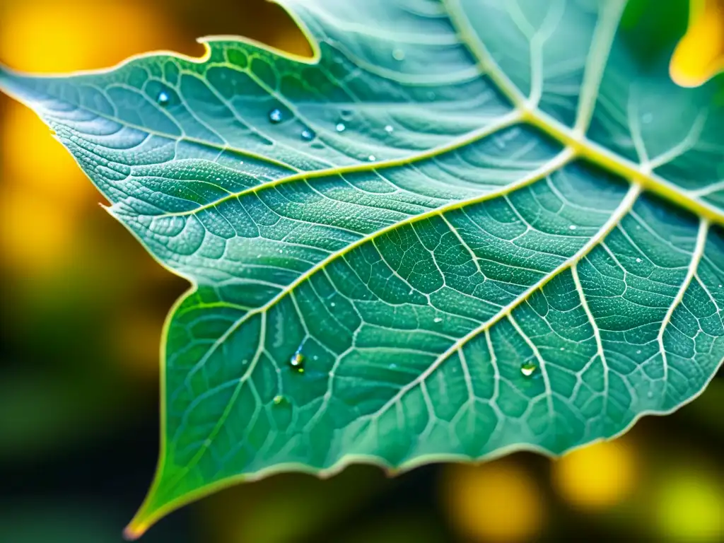 Detalle fascinante de una hoja verde con gotas de agua, creando un hábitat para insectos