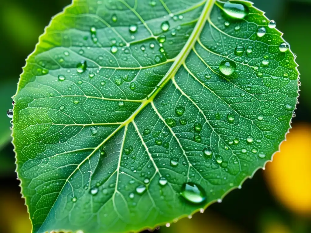 Detalle fascinante de hoja verde con huevos de insectos fertilizadores en ecosistemas, redes de venas resaltadas y gotas de rocío