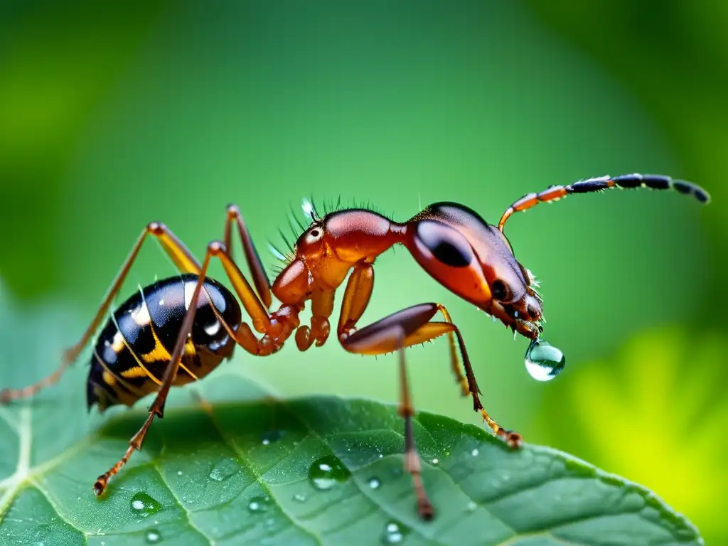 Detalle fascinante de una hormiga transportando una gota de agua, mostrando su compleja metamorfosis y ciclo vital en su hábitat natural