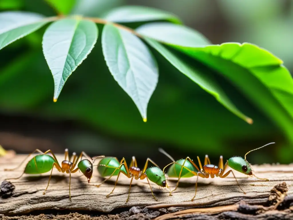 Detalle fascinante de hormigas cortadoras de hojas en la comunicación y transporte de hojas verdes en la exuberante selva tropical