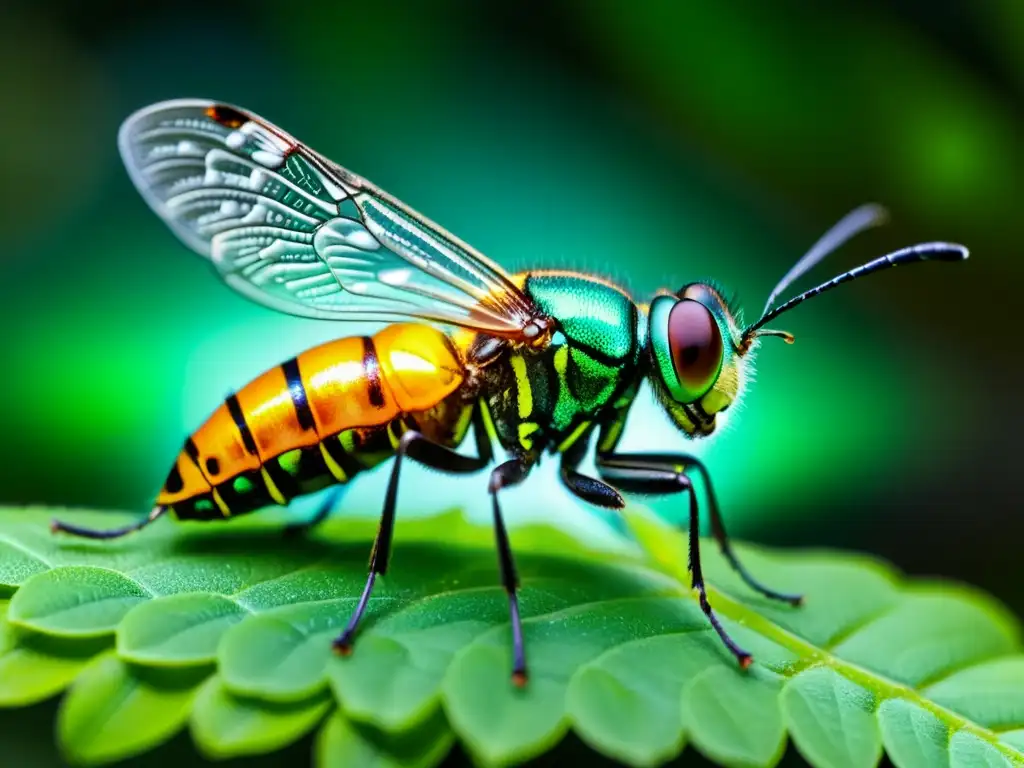 Detalle fascinante de un insecto luciérnaga macho emitiendo una brillante luz verdosa desde su abdomen