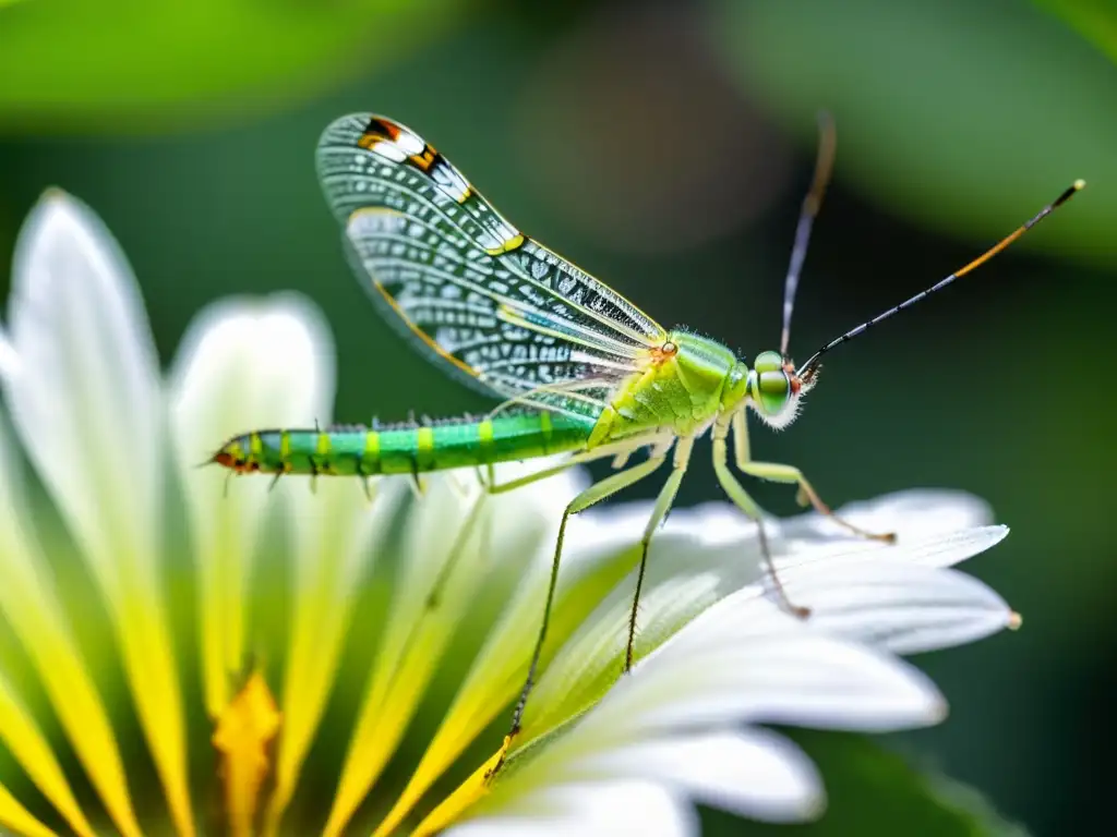 Detalle fascinante de un insecto verde sobre una flor, con sus alas traslúcidas y patas delicadas