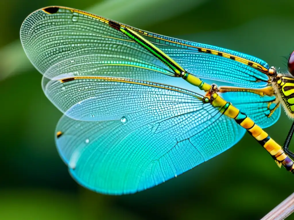 Detalle fascinante de las intrincadas alas de una libélula, con colores iridiscentes y venas delicadas