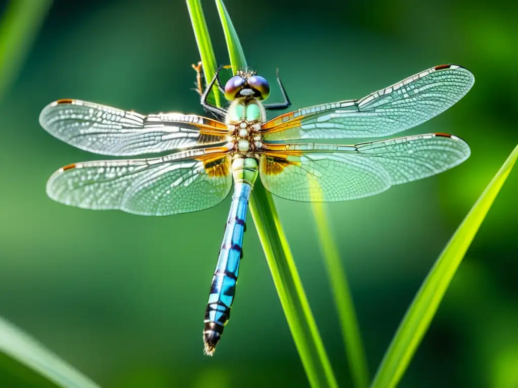 Detalle fascinante de una libélula verde metálica posada en una brizna de hierba, sus alas translúcidas brillando al sol