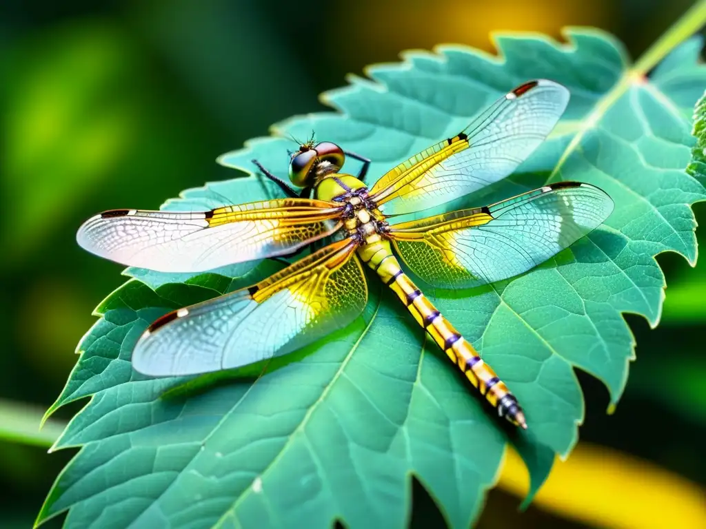 Un detalle fascinante: una libélula vibrante descansa en una hoja verde, con sus alas iridiscentes desplegadas al sol dorado