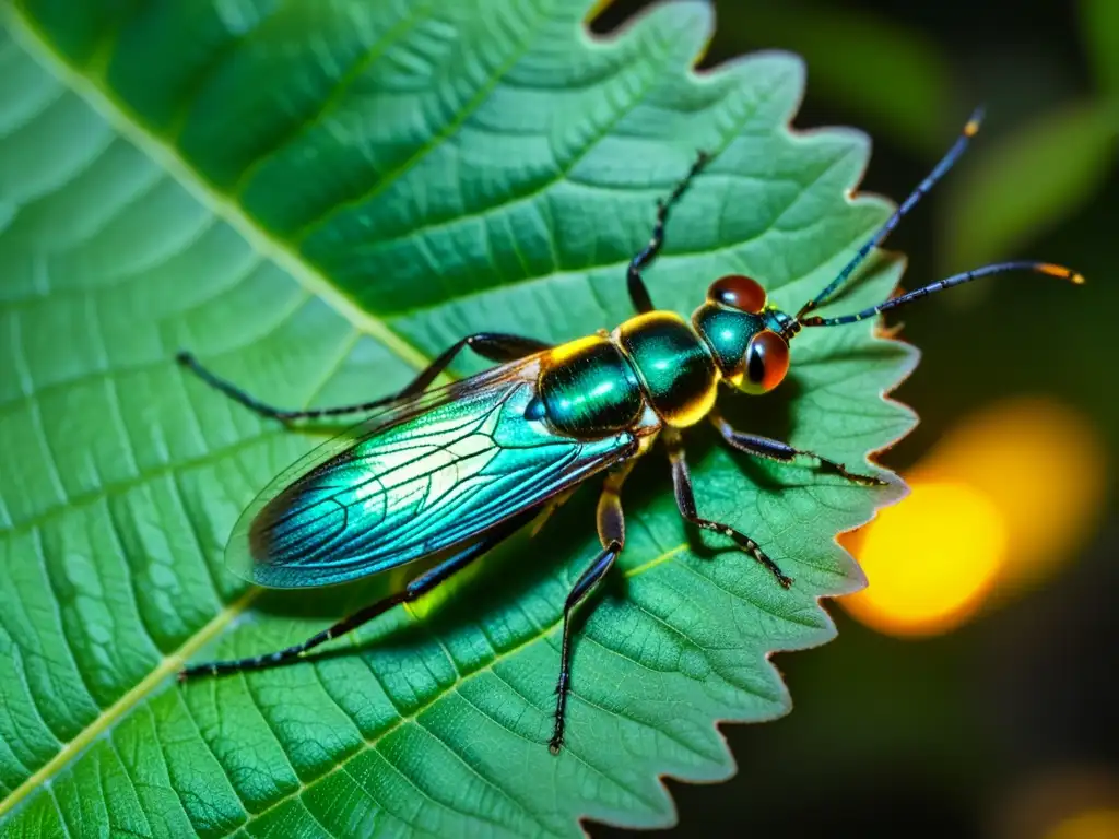 Detalle fascinante de luciérnaga en hoja brillando, guía para vivir la magia de los destellos nocturnos