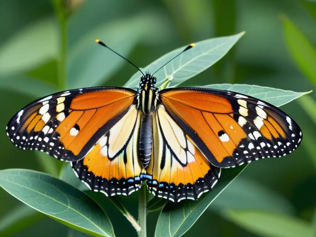 Detalle fascinante de una mariposa monarca posada en una planta de algodoncillo, resaltando sus patrones y la delicadeza del ecosistema