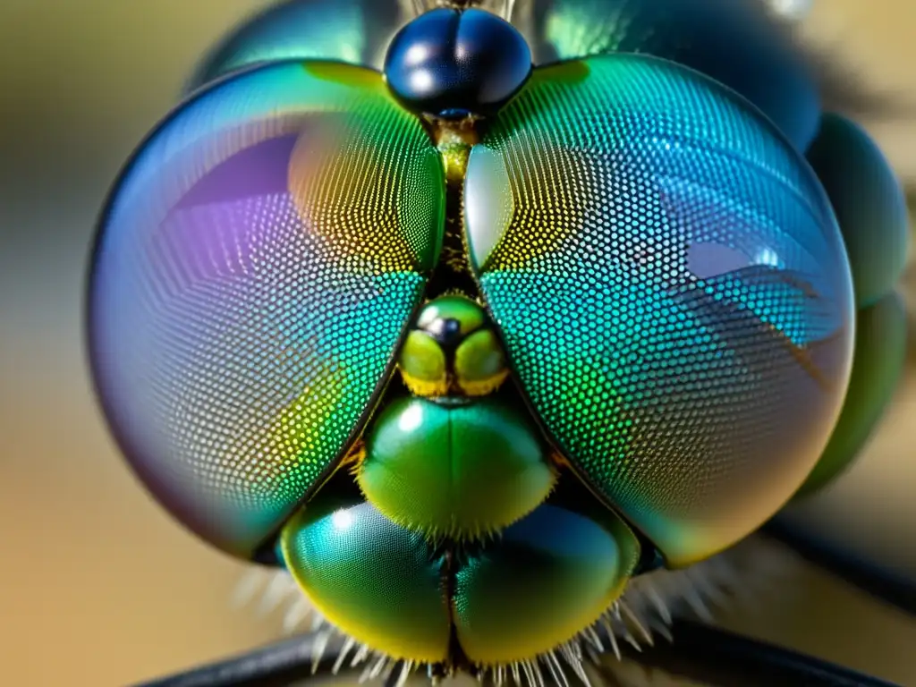 Detalle fascinante del ojo compuesto de una libélula resaltando la importancia de la polarización del cielo para insectos