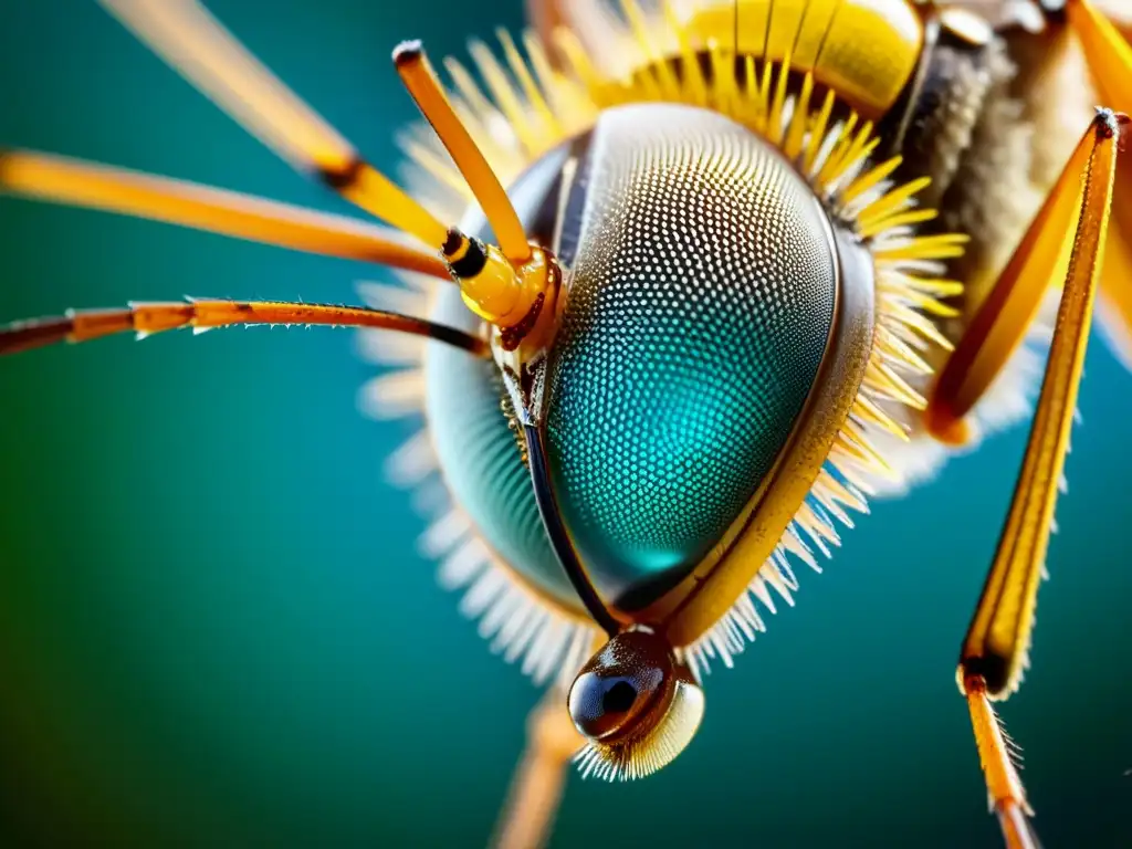 Detalle fascinante del ojo compuesto de un mosquito, con tácticas químicas repelentes insectos en su superficie