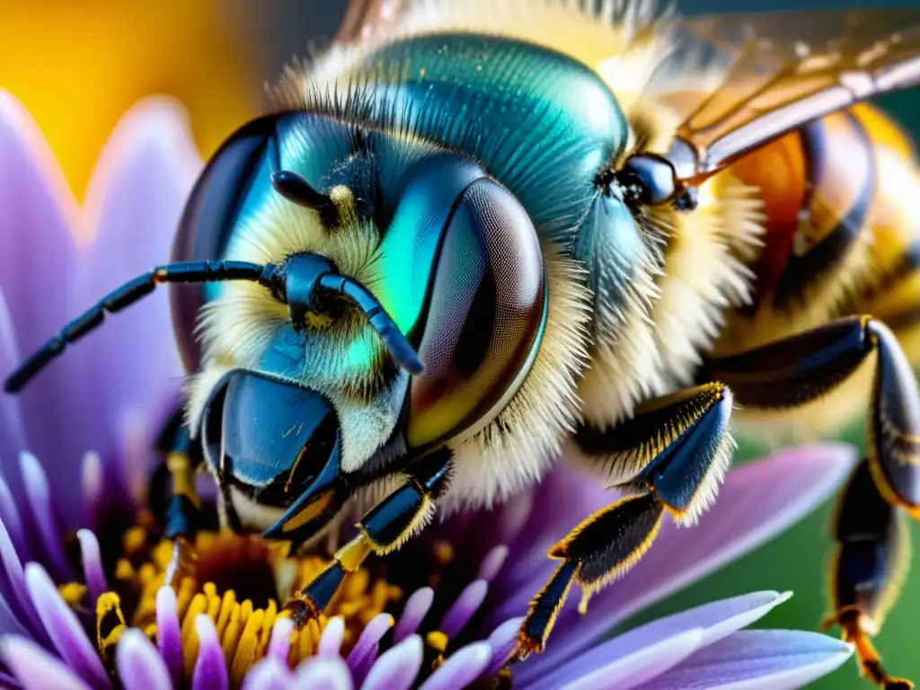 Detalle fascinante del ojo compuesto de una abeja y su entorno floral