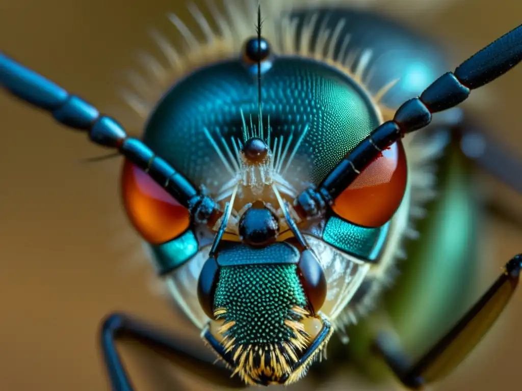 Detalle fascinante del ojo compuesto de un mosquito, con patrón hexagonal y estructuras microscópicas