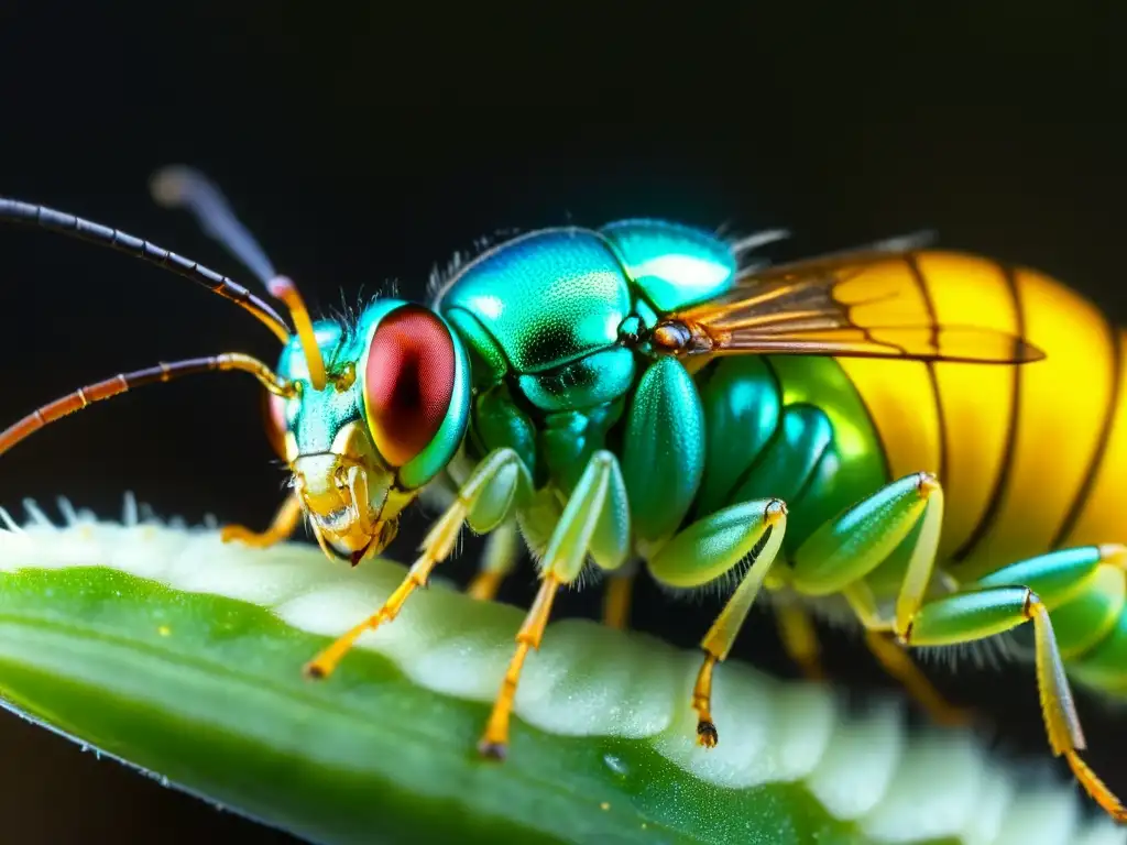 Detalle fascinante de un parasitoide wasp insertando su ovipositor en una oruga huésped, revelando la evolución de parasitoides e insectos huéspedes