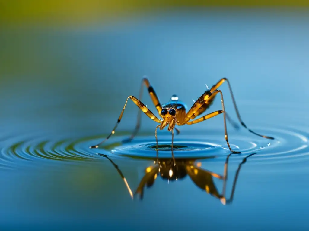 Detalle fascinante: patas cubiertas de gotas de agua de un insecto acuático sobre la tensión superficial de un estanque tranquilo