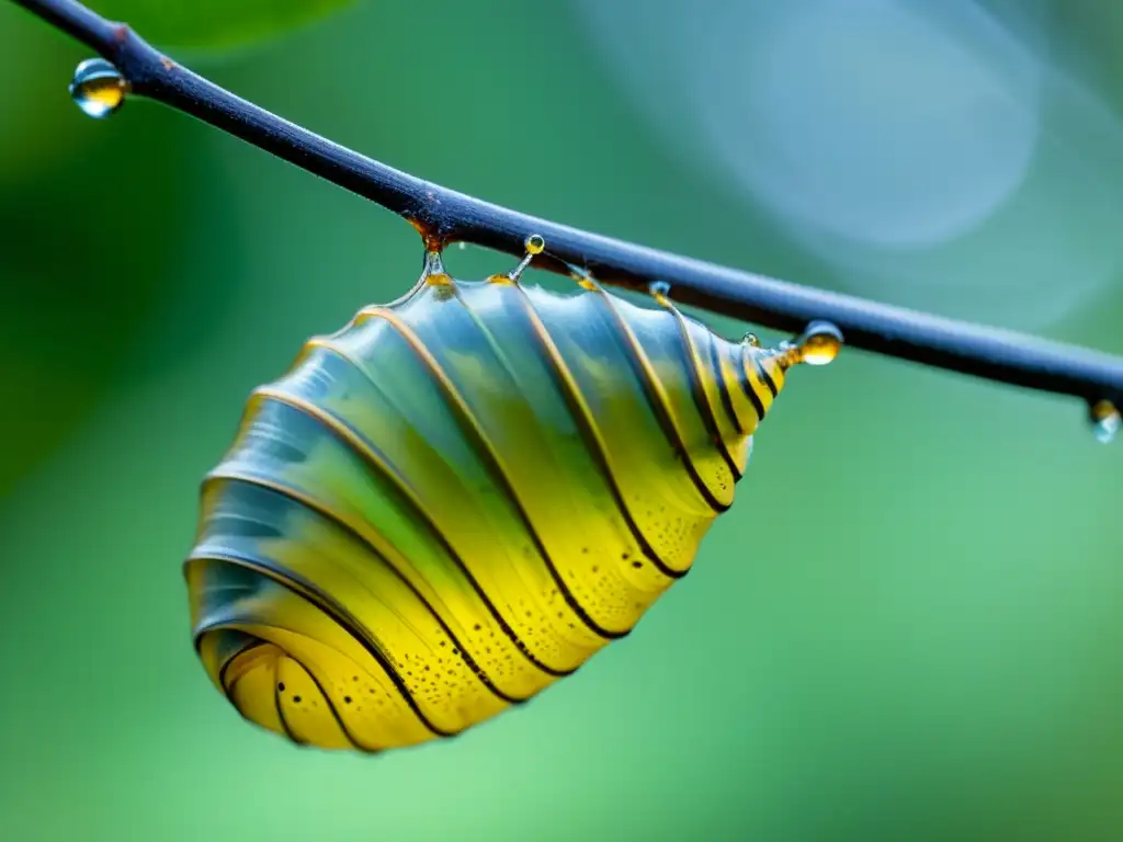 Detalle fascinante de una pupa de mariposa suspendida en una rama, mostrando adaptaciones fisiológicas en el ciclo de vida de insectos