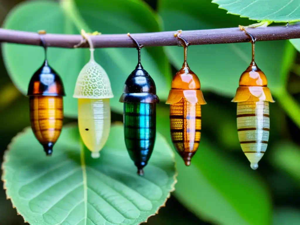 Detalle fascinante de pupas e crisálidas de insectos suspendidos en ramas y hojas