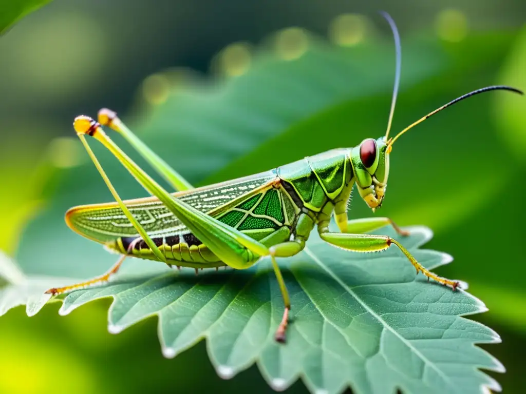 Detalle fascinante de un saltamontes verde sobre una hoja, bajo la luz cálida